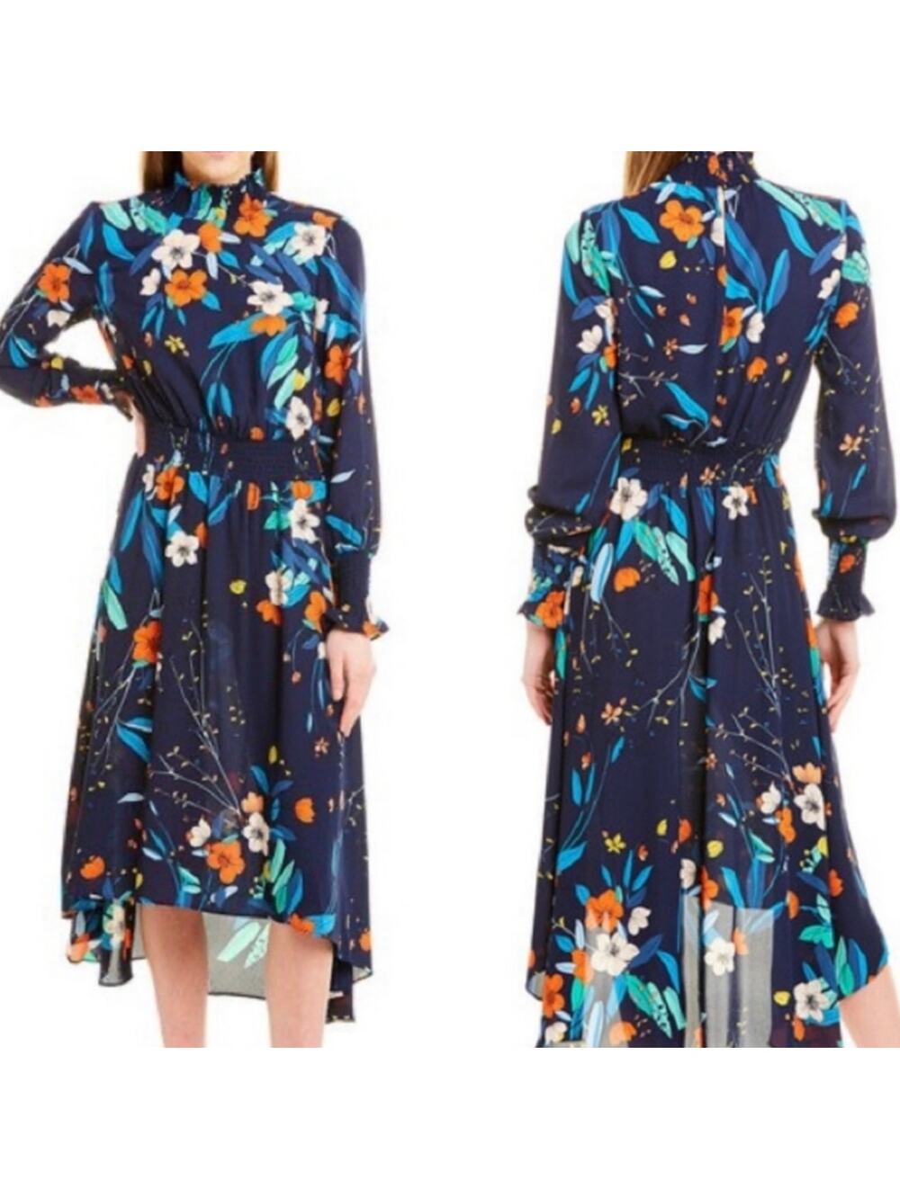 Nanette Lepore Floral Smocked Navy Mock Neck Dress Size Womens 4 High Low Hem